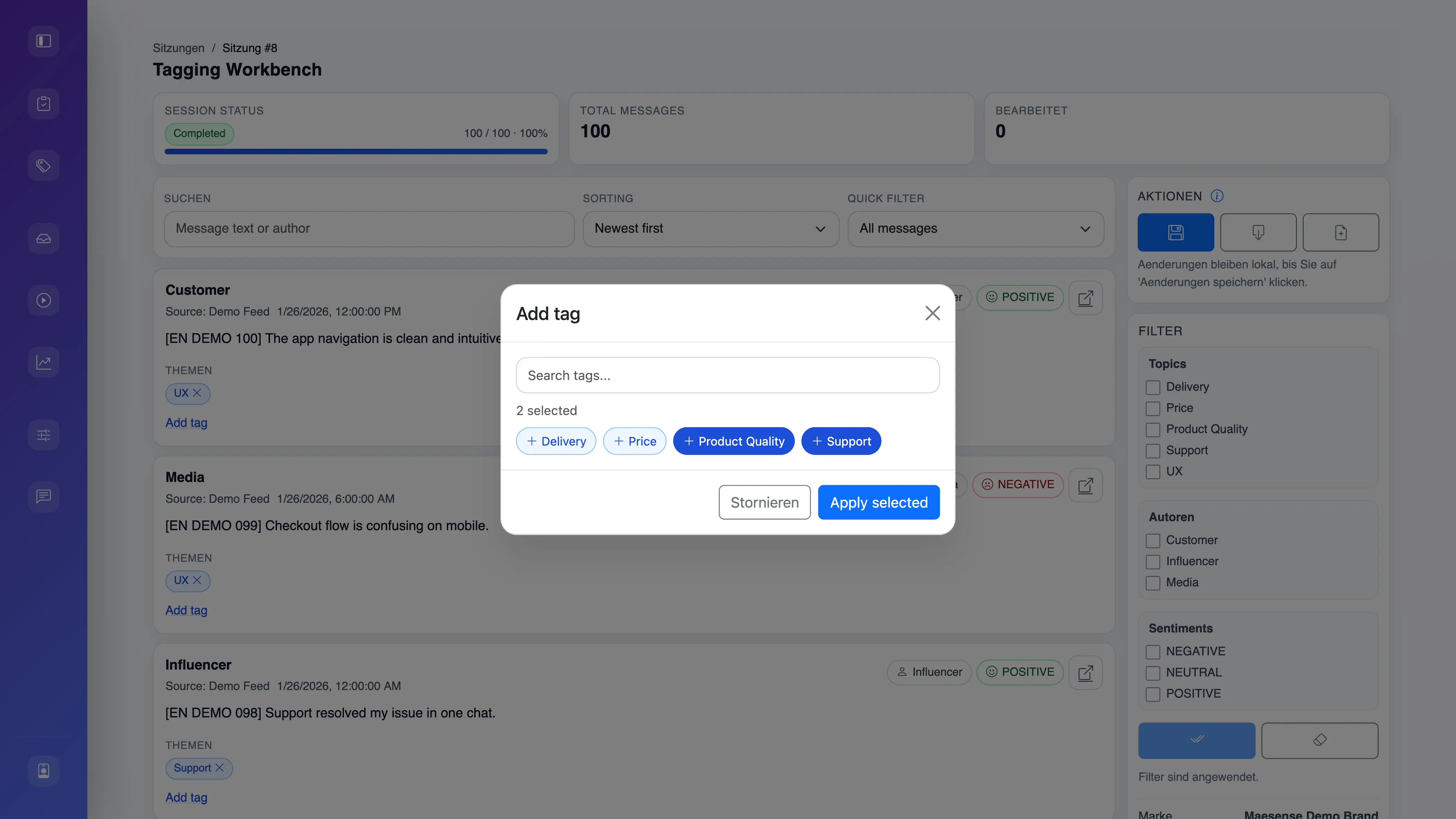 Screenshot der Tagging-Plattform