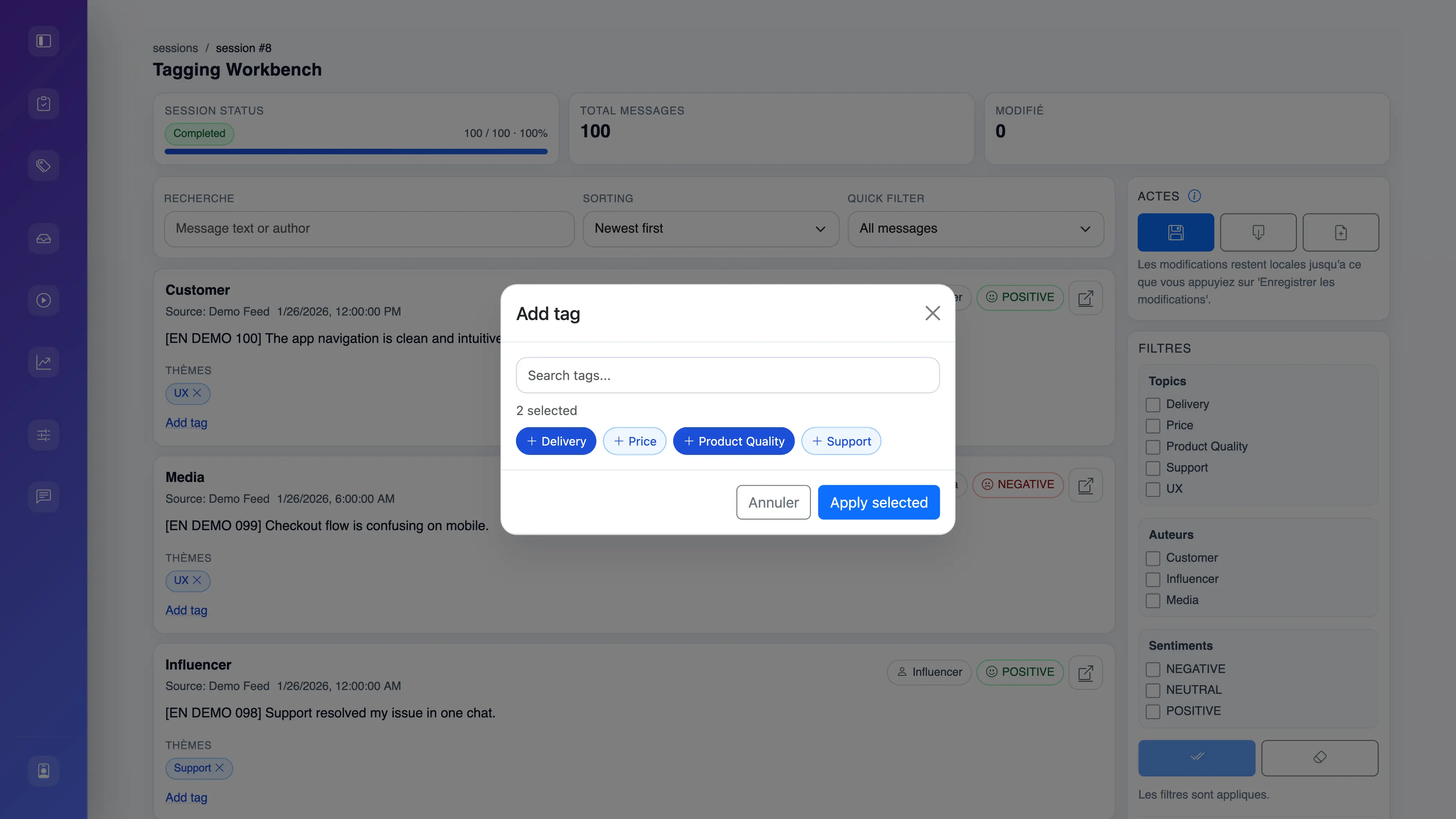 Capture d'écran de la plateforme de tagging